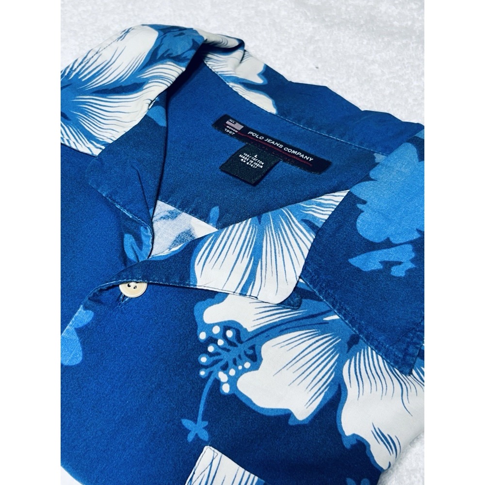 Vintage 90s Polo Jeans Co Ralph Lauren Hawaiian Shirt Men's L Blue Hibiscus RARE